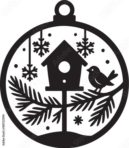 Birdhouse Winter Scene Papercut Christmas Ornament Silhouette.eps