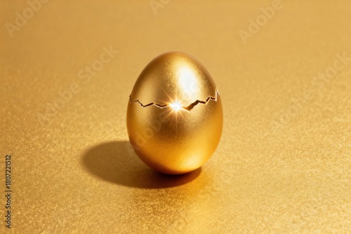 A golden egg with cracks on top sitting on a gold surface with a bright light shining through
