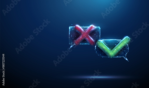 Two chat bubbles with red cross, green check mark Decision making, approval, rejection, feedback evaluation, user response flow, inquiry resolution, communication status concept.