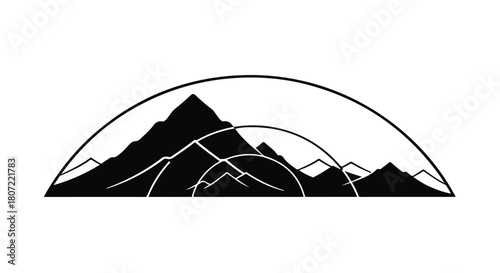 Abstract mountain range silhouette within a minimalist arc, symbolizing nature and adventure.