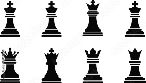 Black chess kings and queens icons on transparent background, strategic game symbols. Vector