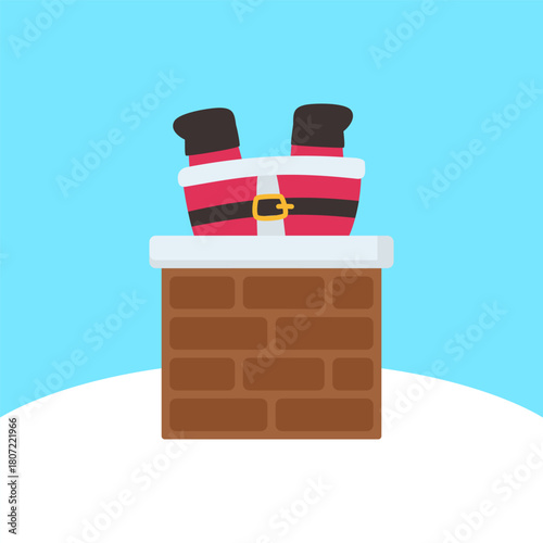 Cute Santa Claus Stuck Headfirst in a Snowy Chimney on a Bright Sky Blue Background