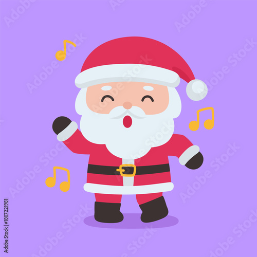 Happy Santa Claus Dancing with Music Notes on Purple Background