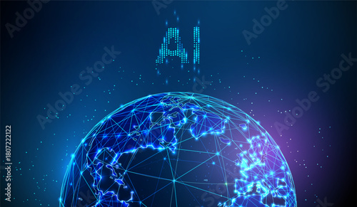 Planet Earth with AI letters Global data analysis, planetary computing, machine learning, predictive modeling, intelligent systems, data-driven decision making concept