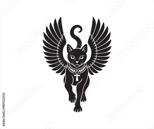 Mythical Egyptian winged cat with ankh symbol in bold black and white vector silhouette