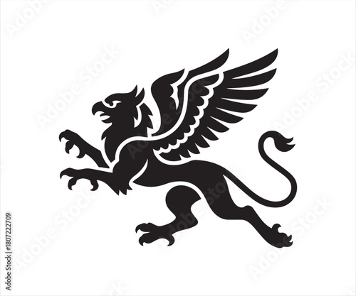 Mythical griffin creature in bold black and white fantasy vector silhouette
