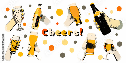 Cheers celebration with beer and champagne glasses and bottles in hands