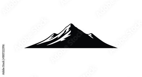Bold black silhouette of a majestic mountain peak against a clean white background, symbolizing adventure and nature's grandeur.