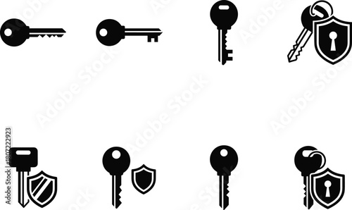 Diverse key and security shield icons representing access and protection Vector