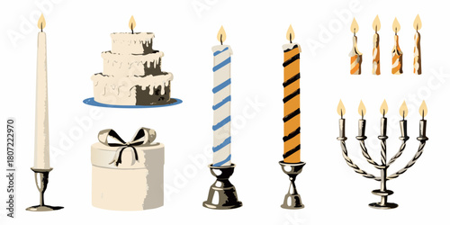 Collection of candles a cake a gift and a menorah illustration