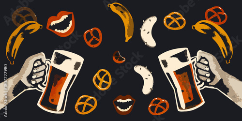 Illustrated beer pretzels sausages and lips on dark background