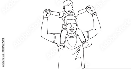 Line art of a father carrying his son on his shoulders. Family and childhood.