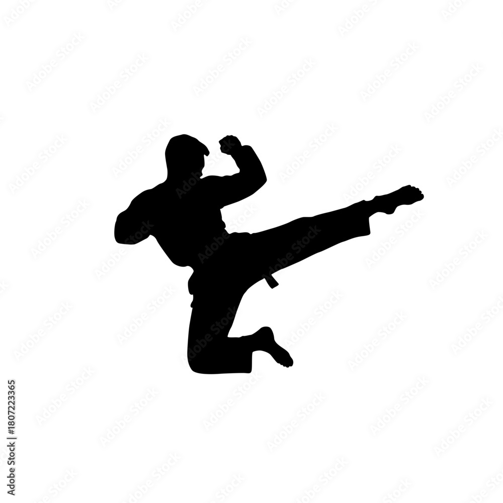 Naklejka premium Silhouette of a karate practitioner performing a flying side kick on white