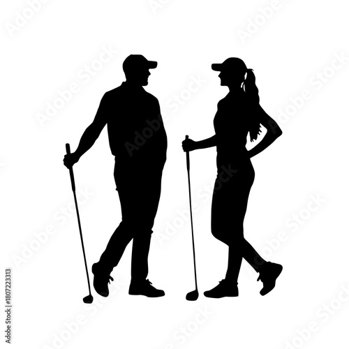 Silhouette of a couple golfing together on a sunny day isolated on white