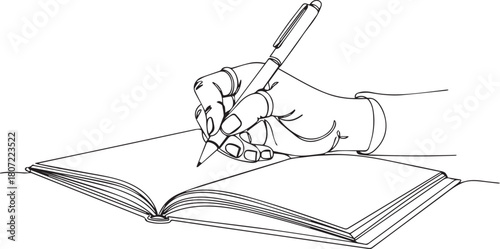 Single-line art of a hand writing in an open book, minimal drawing on white