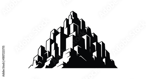 Stylized cityscape forming a mountain shape with stark black and white contrast.