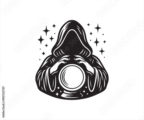 Mystic Hooded Sorcerer Silhouette with Crystal Ball – Fortune Teller Magic Vector Illustration