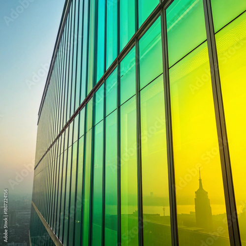 Close up of a modern building with green and yellow tinted windows reflecting the city skyline view