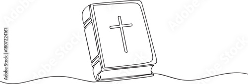 Line art of a Holy Bible with a cross on the cover. Religion, Christianity, and faith.