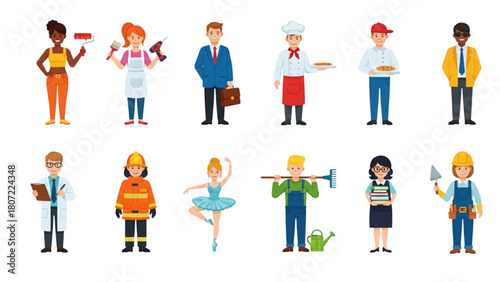Diverse Set of Cartoon Characters Representing Various Professions, Occupations, and Jobs in Uniforms Vector Illustration