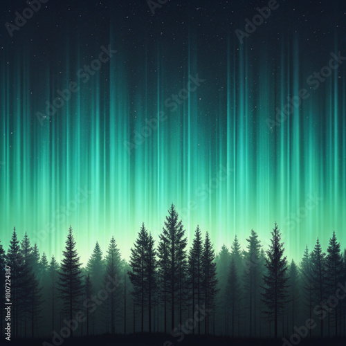 Aurora borealis over a dark forest with tall pine trees and a starry night sky creating a magical scene