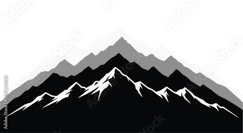 Majestic mountain peaks layered in a dramatic black and white silhouette against a bright sky.