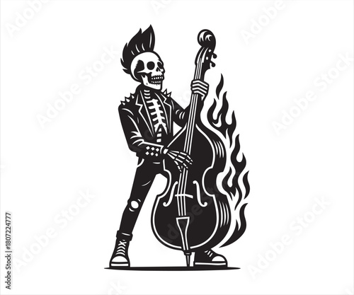 Punk Skeleton Playing Double Bass – Rockabilly Musician Silhouette Vector Illustration