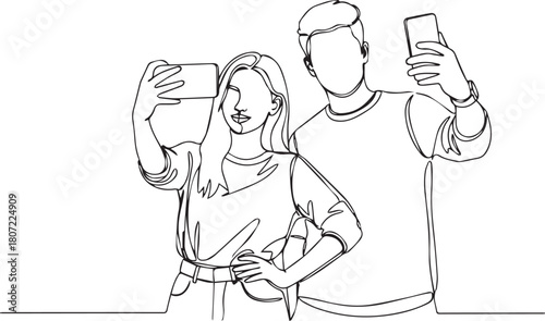 Line art of a young couple taking a selfie with smartphone