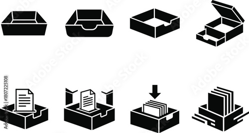 Office document trays and filing systems icon set for organizational use Vector
