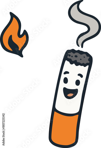 Smiling Cartoon Cigarette Character With Smoke and Fire