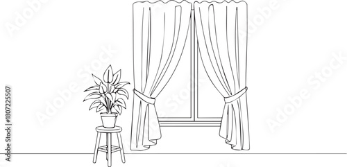 Line art of a window with draped curtains and a houseplant. Interior home decor drawing.