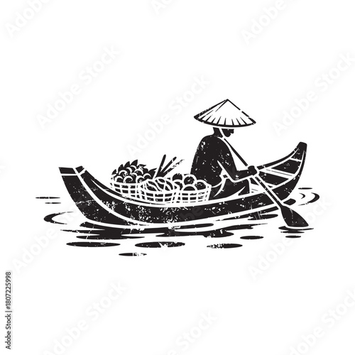 Traditional boat carrying goods with person in conical hat