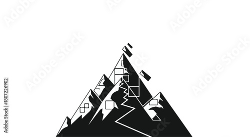 Stylized mountain landscape with geometric shapes and abstract elements