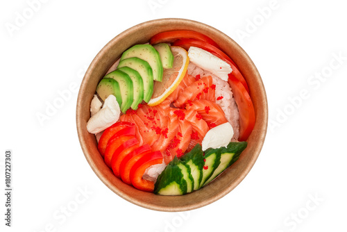 Delicious fresh salmon with avocado, cucumber, rice and cheese poke bowl in paper package for take away or food delivery isolated on white background. Top view. Healthy food. Traditional Japanese food