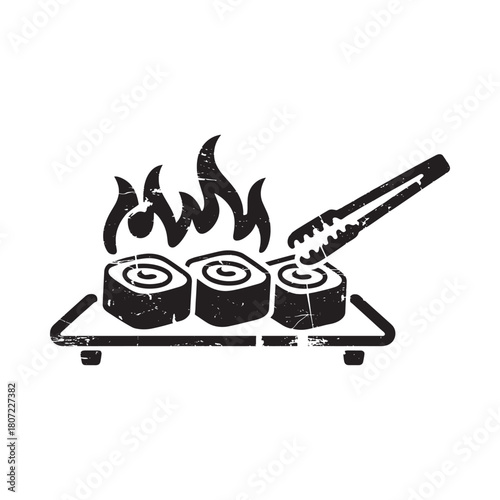 Stylized illustration of sushi being cooked on a grill with flames