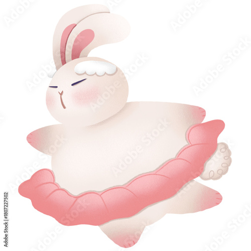A cute, softly painted cartoon rabbit with a chubby body, wearing a pink tutu or skirt and resting with its eyes closed.
