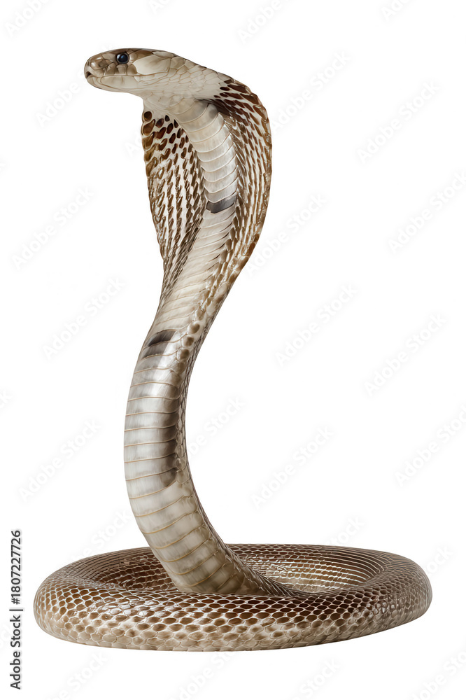 Fototapeta premium Close-up of a venomous snake with hood expanded, showing detailed patterns and scale textures, isolated on a plain background for wildlife or danger