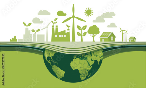 Promote sustainability with a vibrant illustration of green energy powering a healthy, modern planet