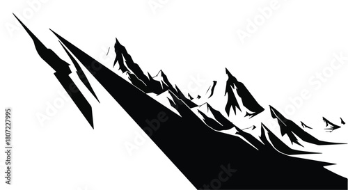 Dramatic black silhouette of jagged mountain peaks against a white background