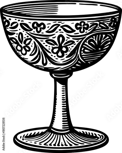 Ornate vintage goblet with floral engravings elegant decorative cup, antique drinkware, black and white illustration