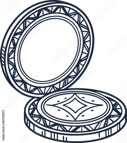 Compact round makeup powder case open, decorative pattern, cosmetic beauty accessory, line art illustration