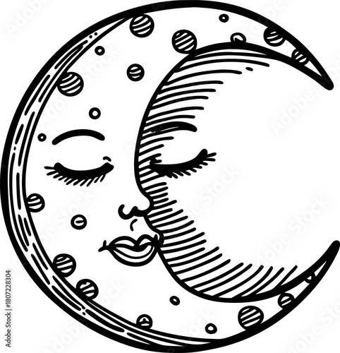 Sleeping crescent moon with face illustration dreamy night celestial symbol, starry sky concept design