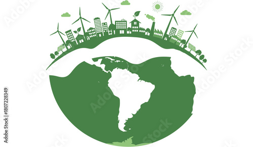 Showcase your commitment to sustainability with this vibrant green earth featuring eco-friendly city skyline