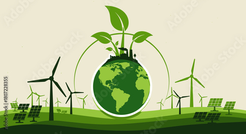 Eco-friendly future with solar panels and wind turbines powering a sustainable world with green energy sources