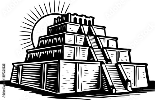 Ancient stepped pyramid illustration with sun rays in black and white historical temple architecture, ziggurat structure