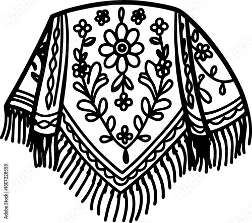 Traditional floral shawl with intricate fringe and embroidered folk designs, monochrome  illustration