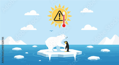 A cartoon illustration of a polar bear and a penguin on a melting ice floe under a hot sun with a warning sign, symbolizing global warming and climate change.