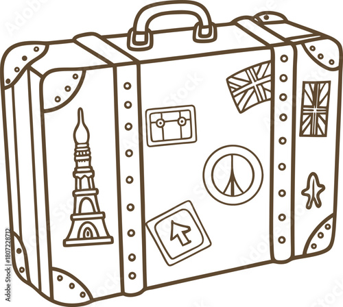 Vintage travel suitcase decorated with world destination stickers, adventure and journey concept illustration
