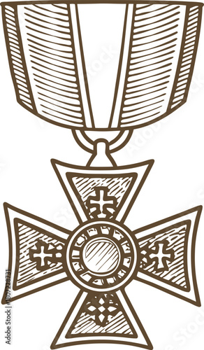 Hand drawn military cross medal illustration award for bravery or achievement, vintage engraved honor symbol