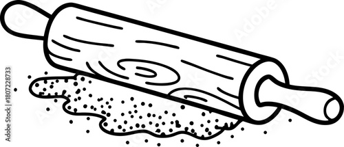 Wooden rolling pin spreading flour on kitchen surface baking utensil, dough preparation, homemade cooking